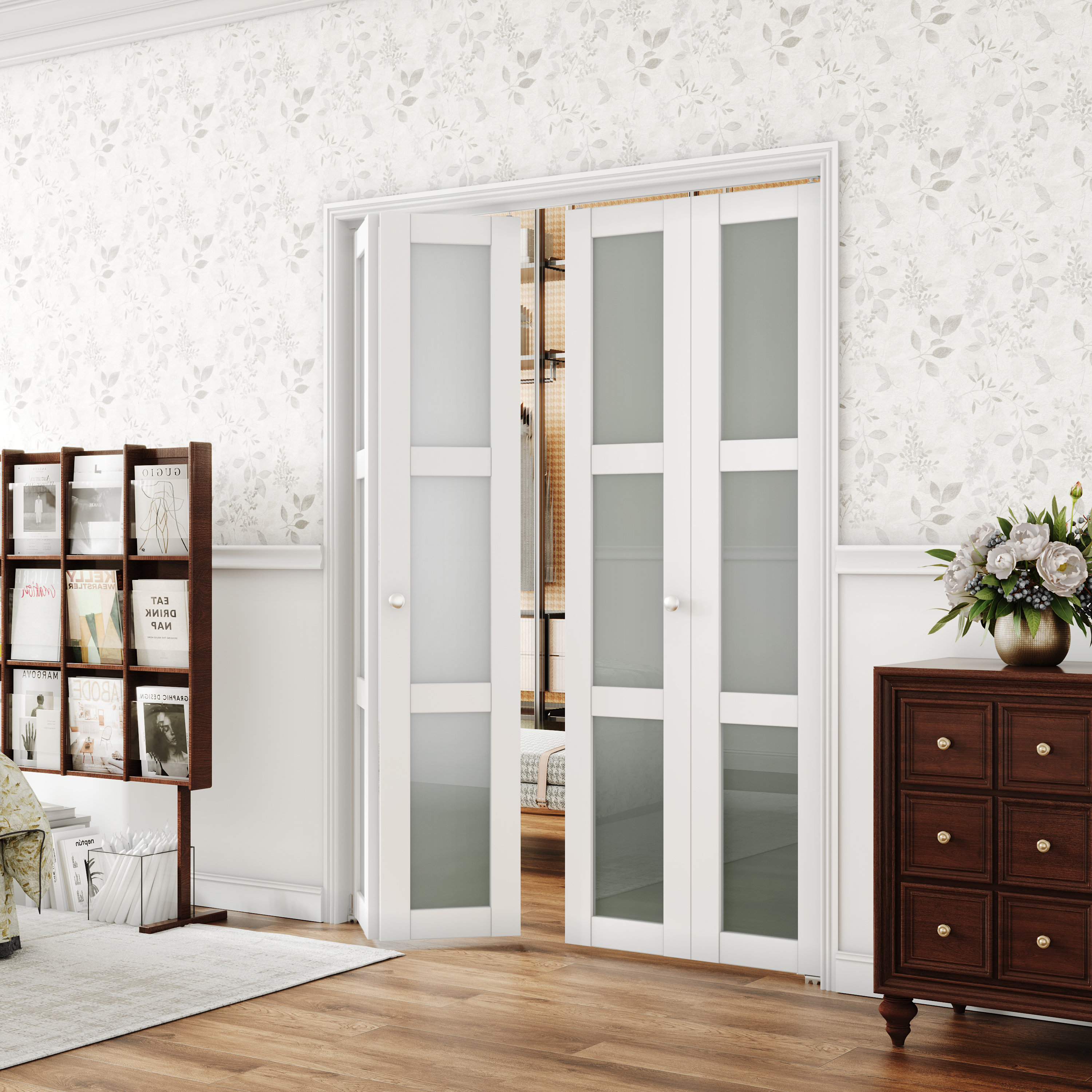 CHIC MODE Double Bifold Doors 3 Lite Frosted Glass Solid Manufactured Wood Prefinished Folding Door Reviews Wayfair